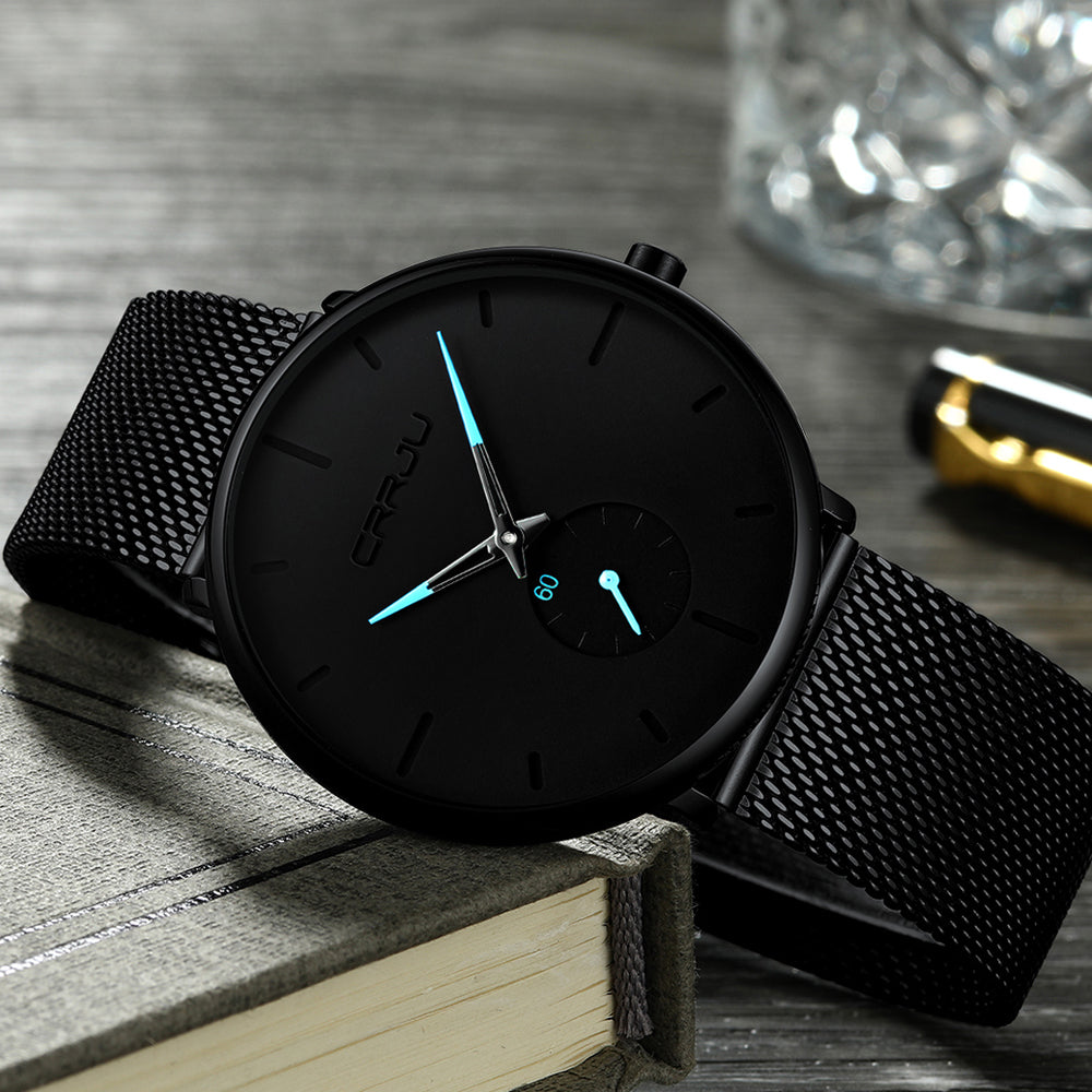 Relógio CRRJU Slim Black - Estilo Elegante com Design Ultra Fino, Movimento Quartzo