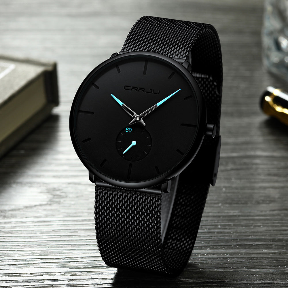 Relógio CRRJU Slim Black - Estilo Elegante com Design Ultra Fino, Movimento Quartzo