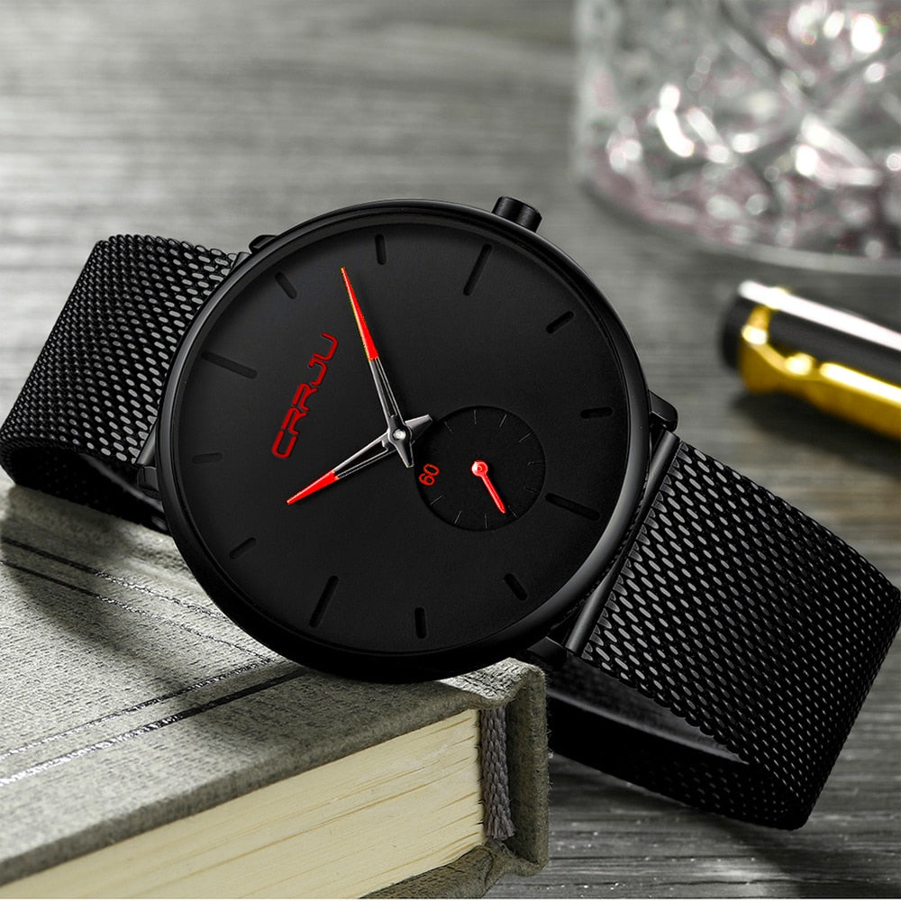 Relógio CRRJU Slim Black - Estilo Elegante com Design Ultra Fino, Movimento Quartzo